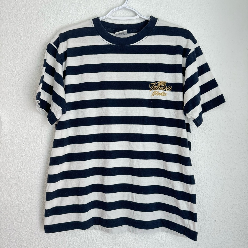 Vintage 90s navy blue and white stripe Venice Italy gold t-shirt women’s size L